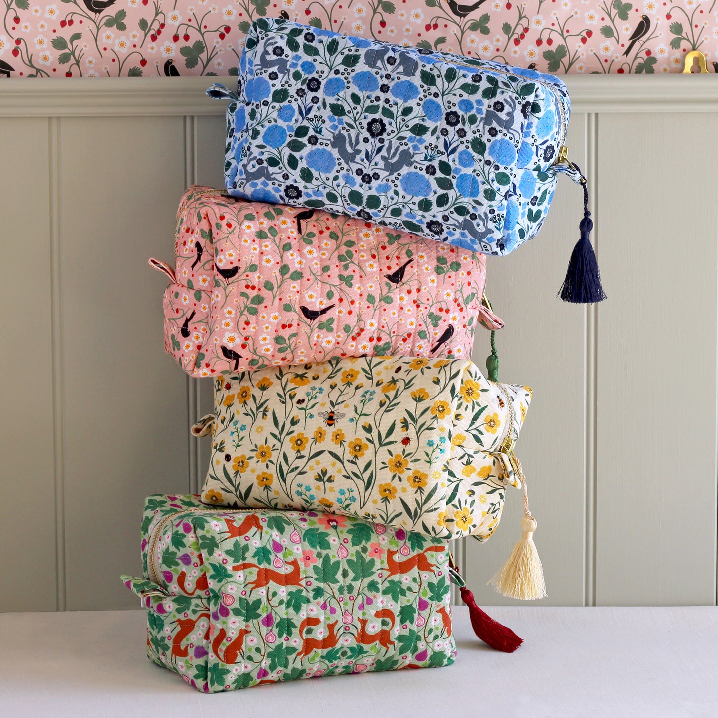 Quilted Cosmetic Bag, Foxes and Figs