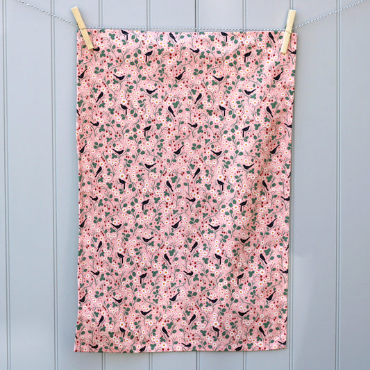 Kitchen Towel, Wild Strawberry and Blackbirds