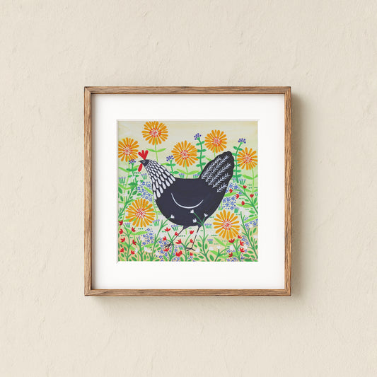 Black Hen Among Yellow Flowers Art Print