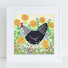 Load image into Gallery viewer, Black Hen Among Yellow Flowers Art Print