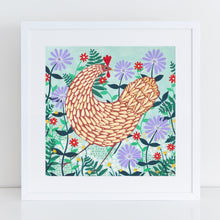 Load image into Gallery viewer, Brown Chicken Among Lilac Flowers Art Print