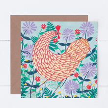 Load image into Gallery viewer, Brown Chicken Among Lilac Flowers Greeting Card
