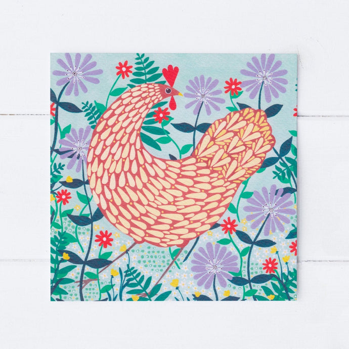 Brown Chicken Among Lilac Flowers Greeting Card