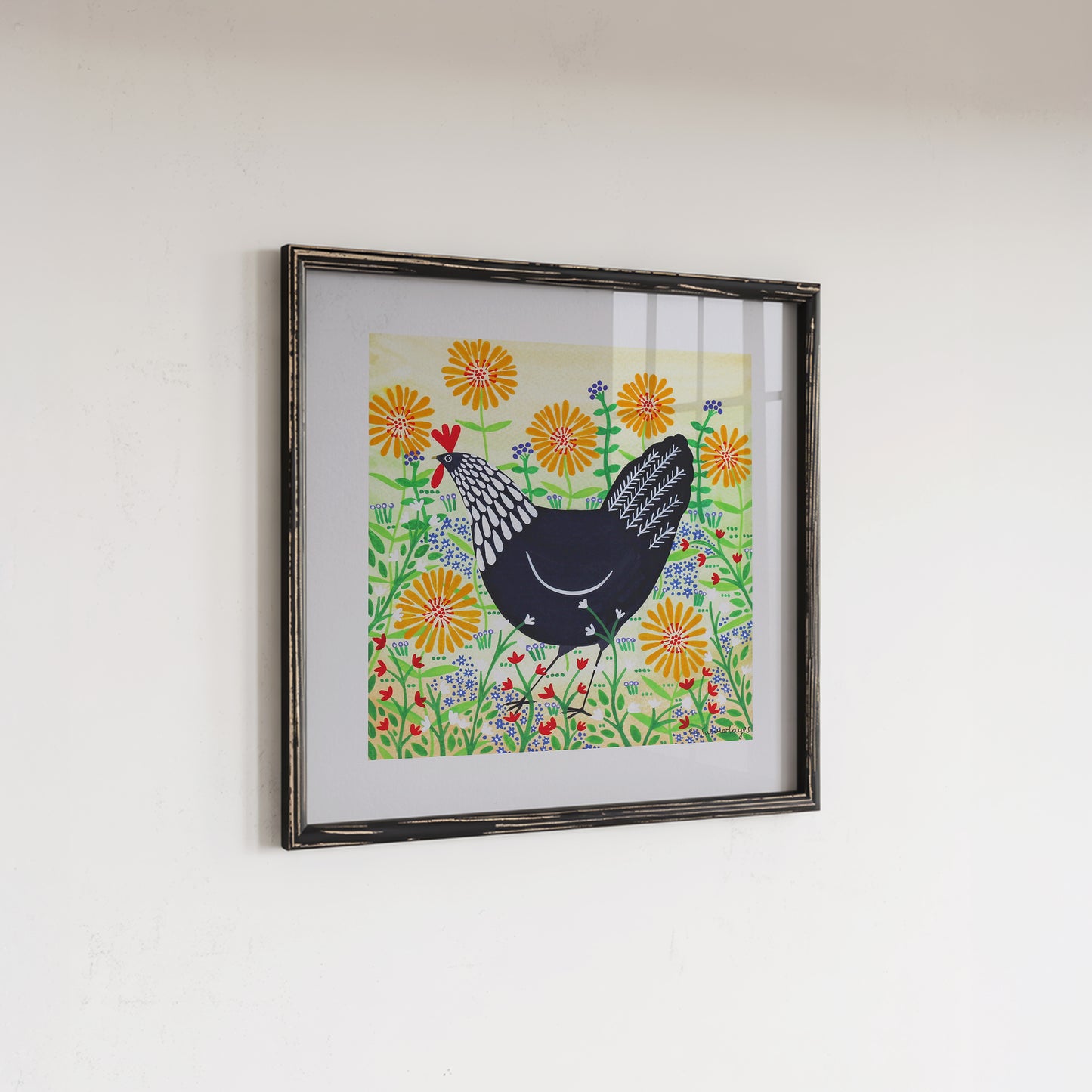 Black Hen Among Yellow Flowers Art Print