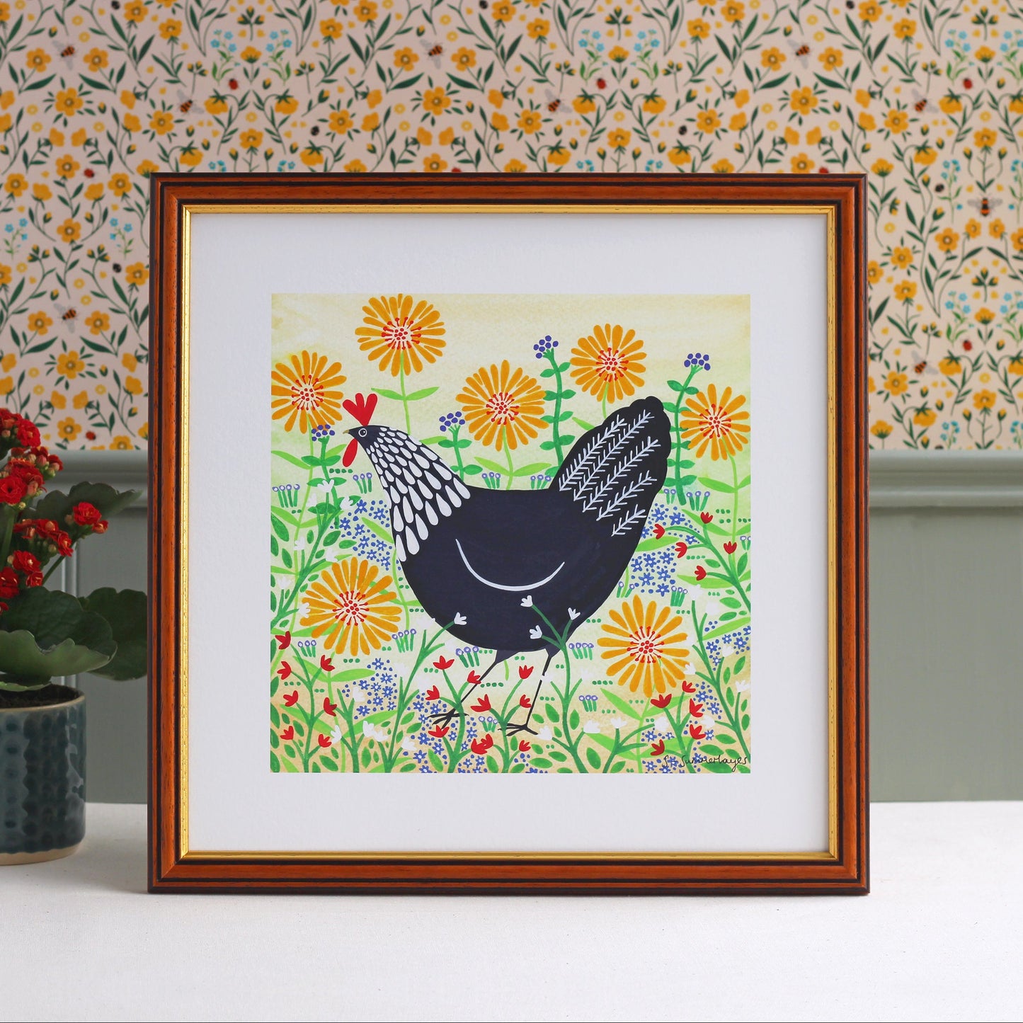 Black Hen Among Yellow Flowers Art Print