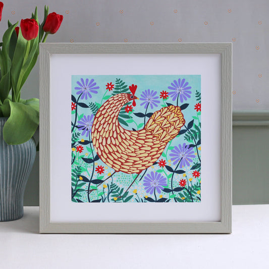 Brown Chicken Among Lilac Flowers Art Print