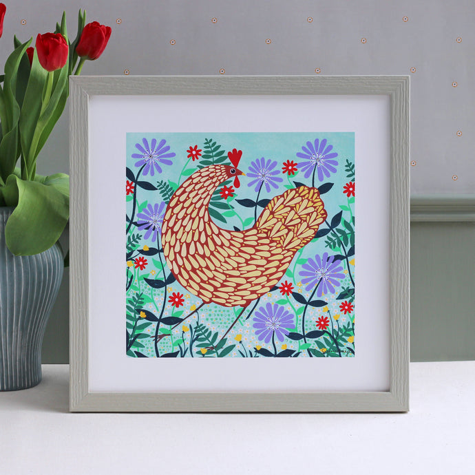 Brown Chicken Among Lilac Flowers Art Print