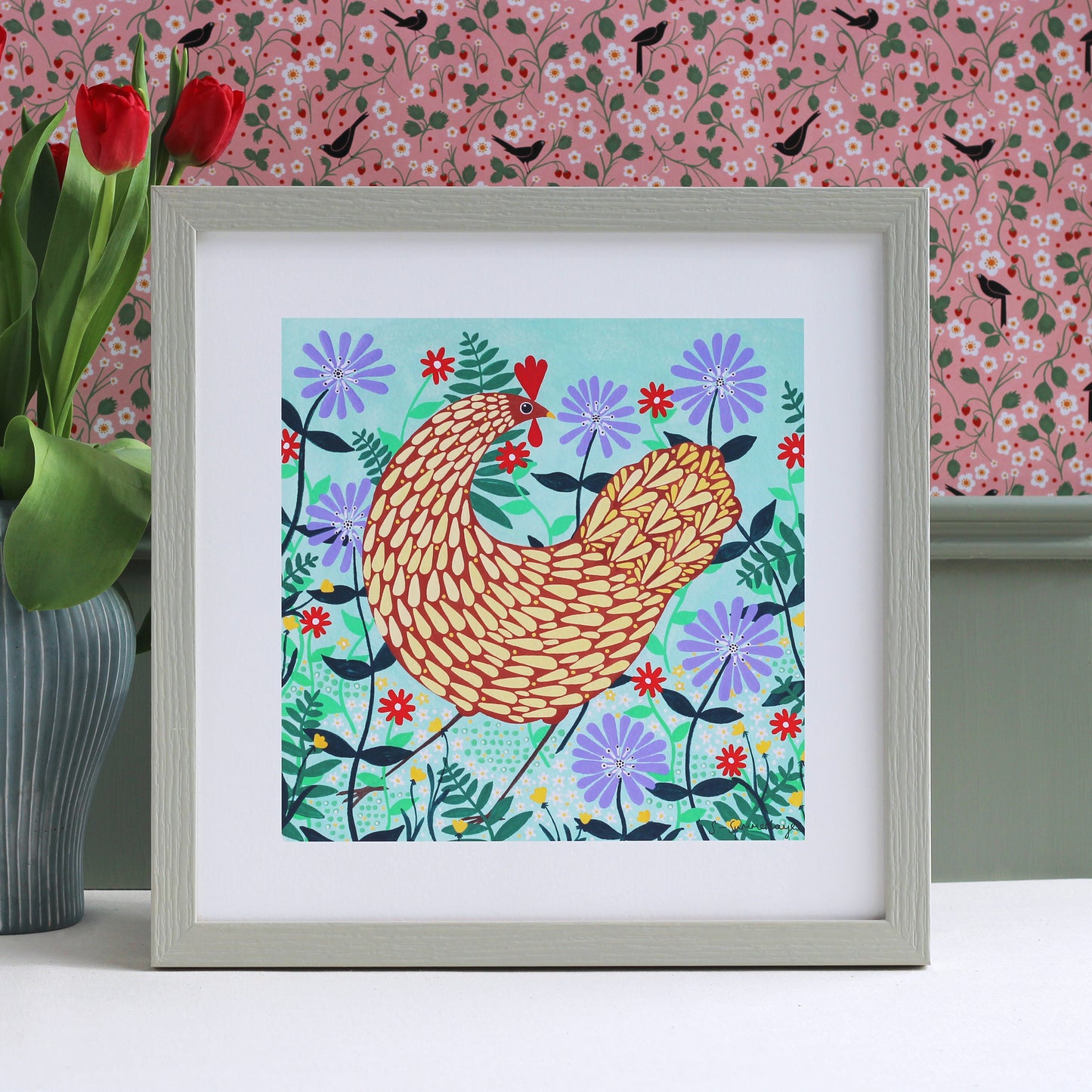 Brown Chicken Among Lilac Flowers Art Print
