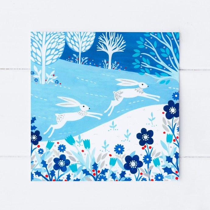 Wholesale - SS115 Snowy Night Hares 150x150mm, Pack of 6 Greeting Cards