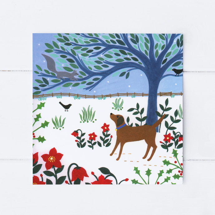 Wholesale - SS179 Winter Squirrel And Dog 150x150mm, Pack of 6 Greeting Cards