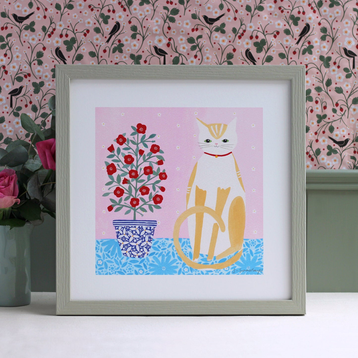 Cat With Pot Plant Art Print