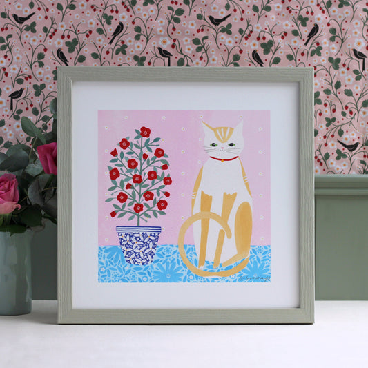 Cat With Pot Plant Art Print