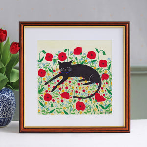 Cat With Poppies Art Print