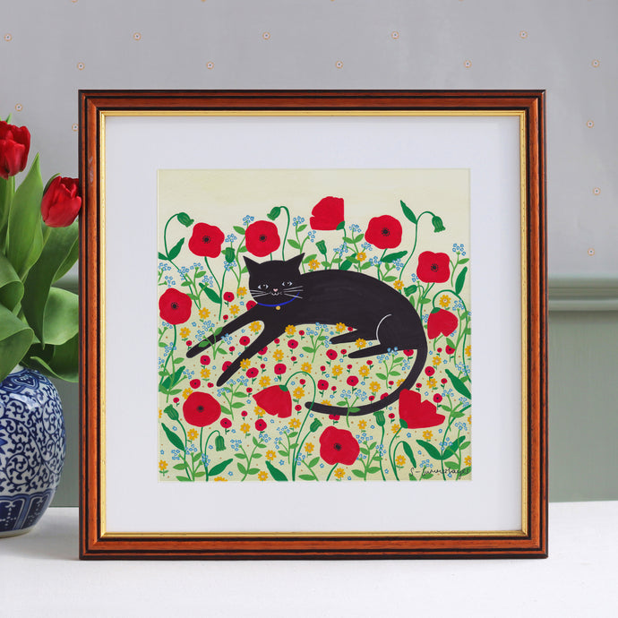 Cat With Poppies Art Print