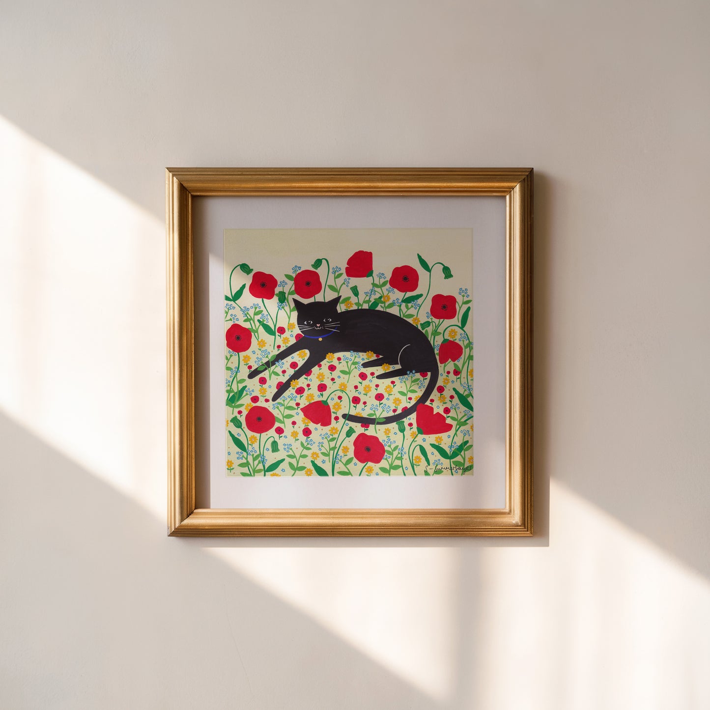 Cat With Poppies Art Print