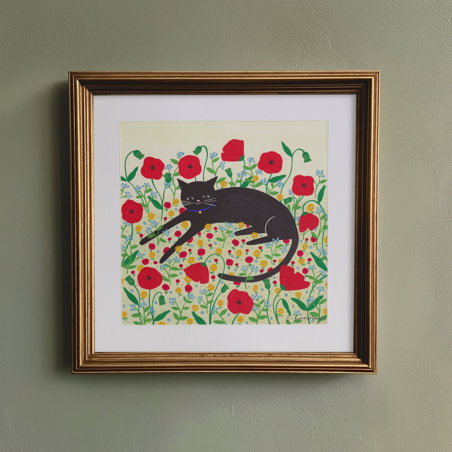 Cat With Poppies Art Print