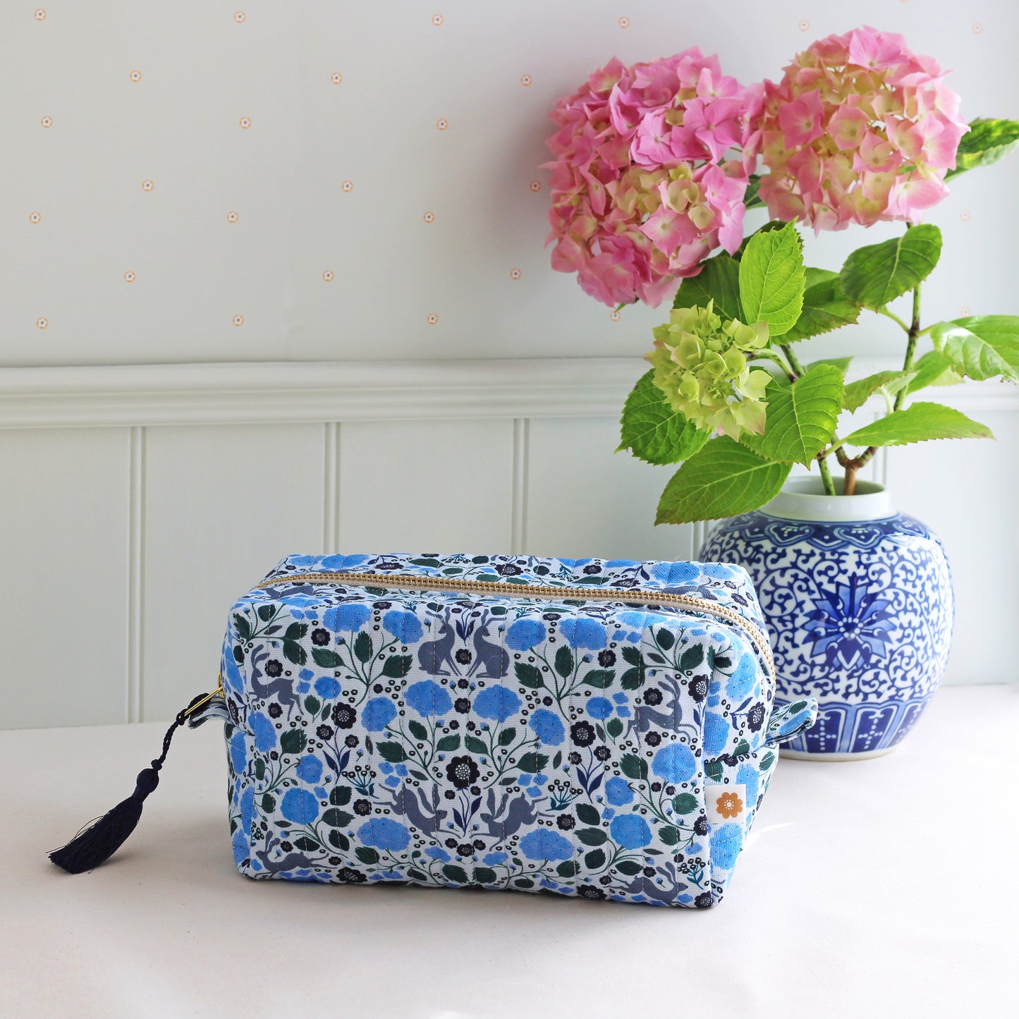 Quilted Cosmetic Bag, Hares and Hydrangeas