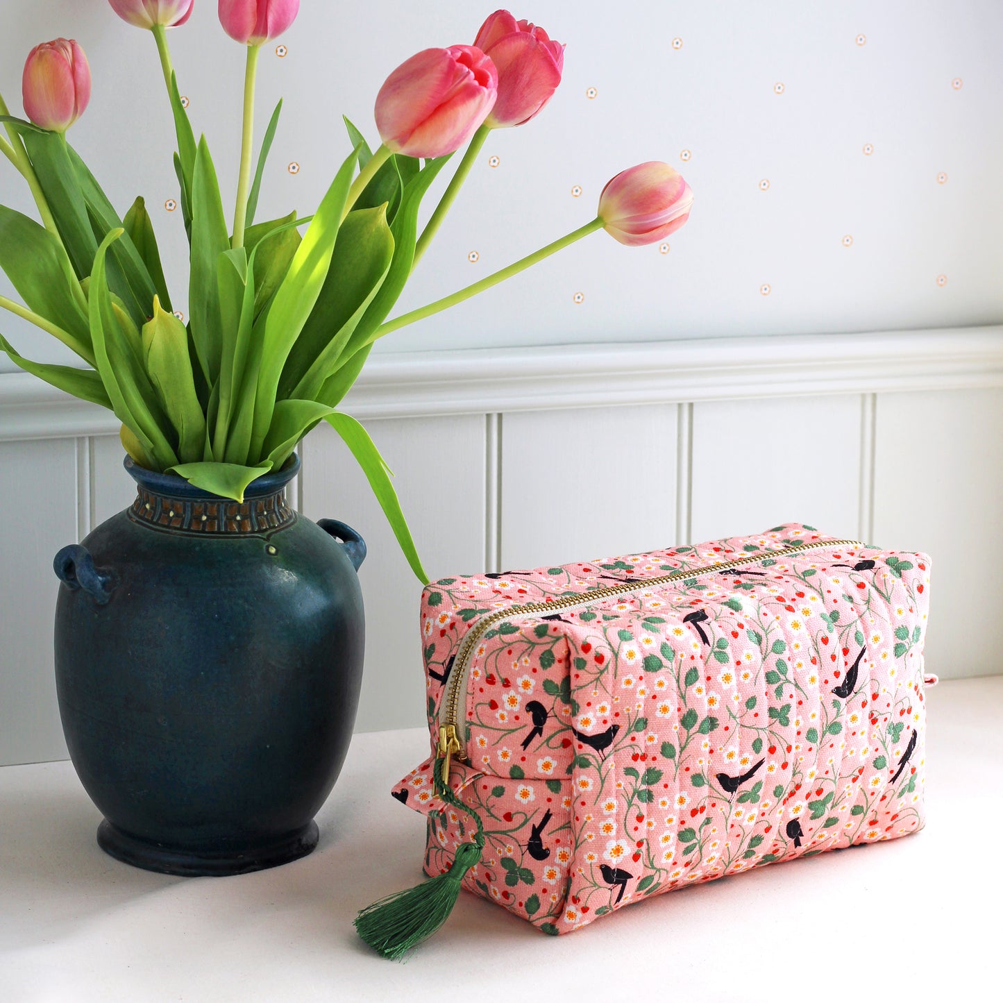 Quilted Cosmetic Bag, Wild Strawberry and Blackbirds