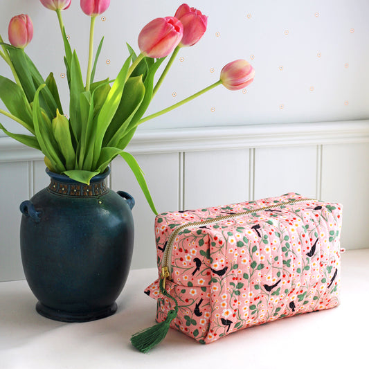 Quilted Cosmetic Bag, Wild Strawberry and Blackbirds