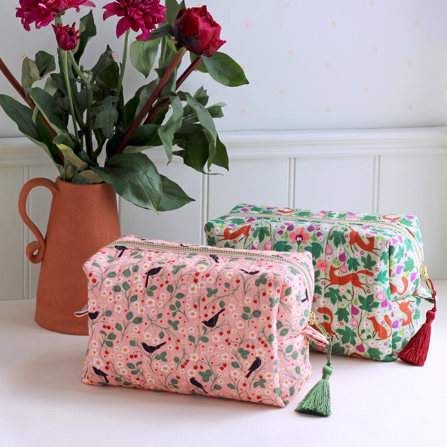 Quilted Cosmetic Bag, Wild Strawberry and Blackbirds