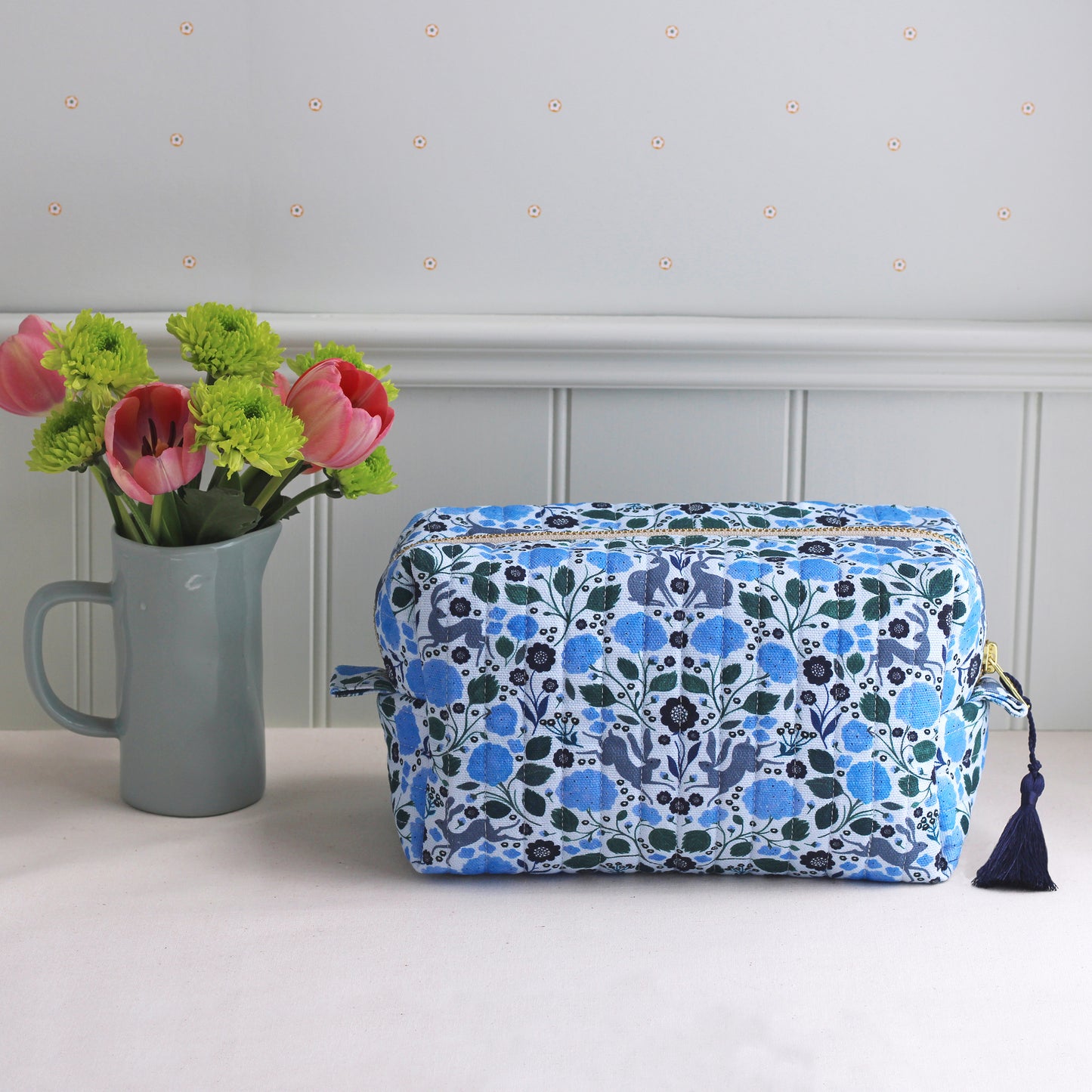 Quilted Cosmetic Bag, Hares and Hydrangeas