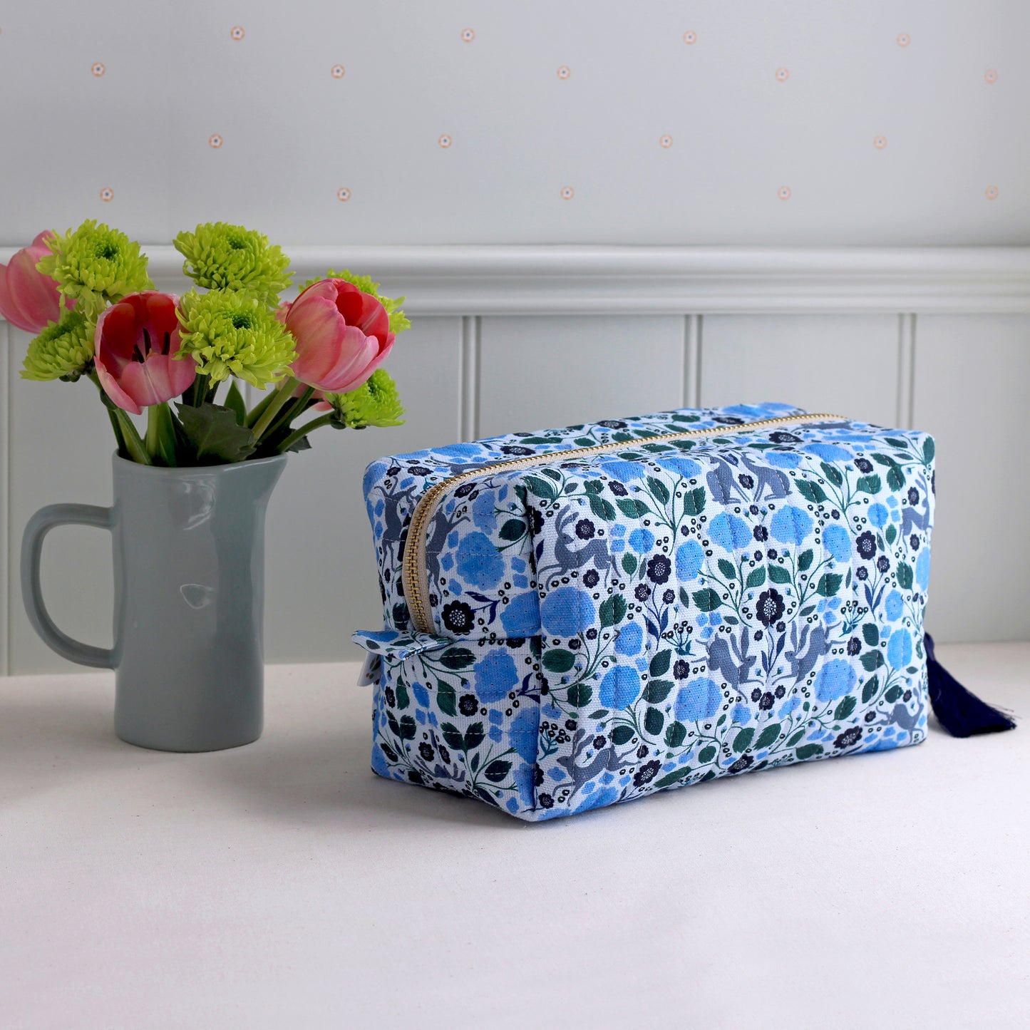 Quilted Cosmetic Bag, Hares and Hydrangeas