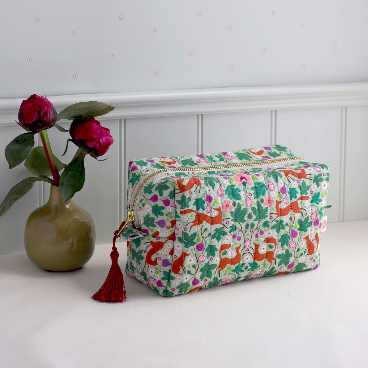 Quilted Cosmetic Bag, Foxes and Figs