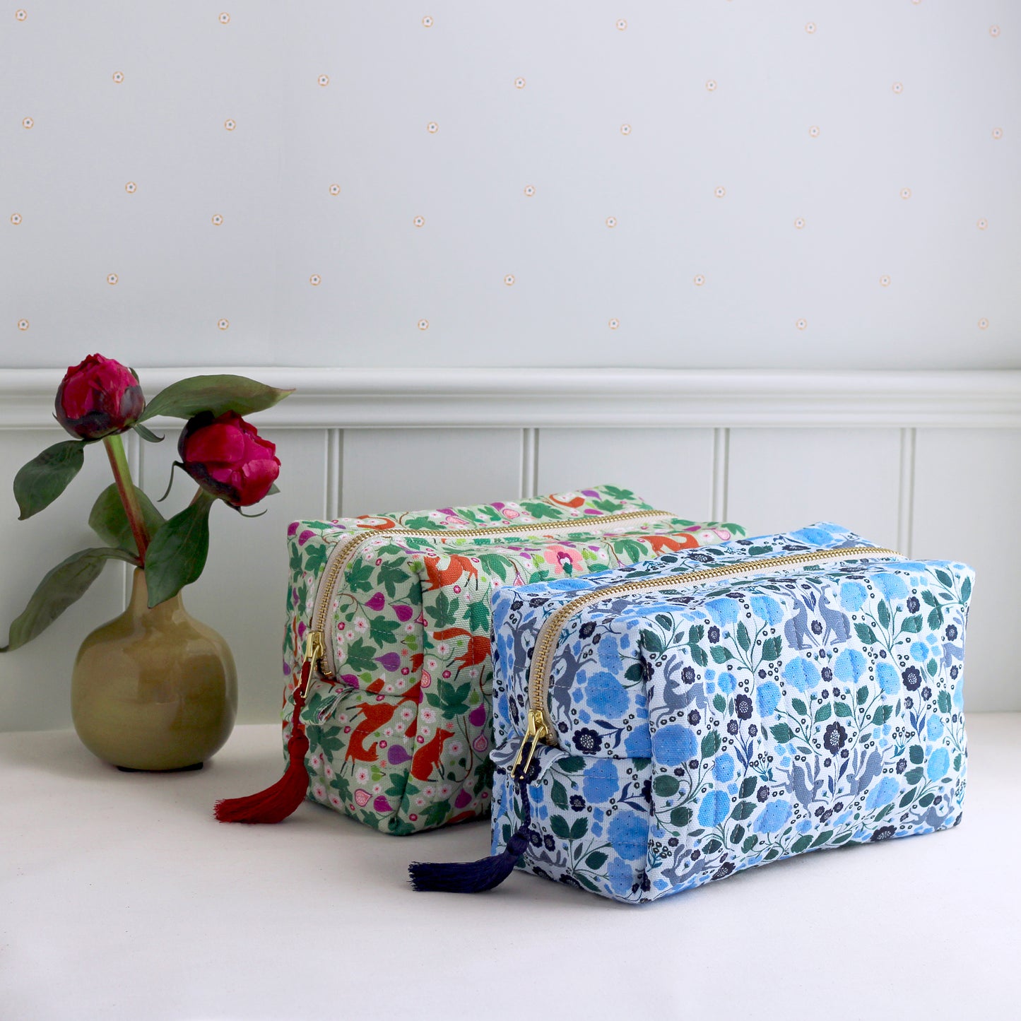 Quilted Cosmetic Bag, Hares and Hydrangeas