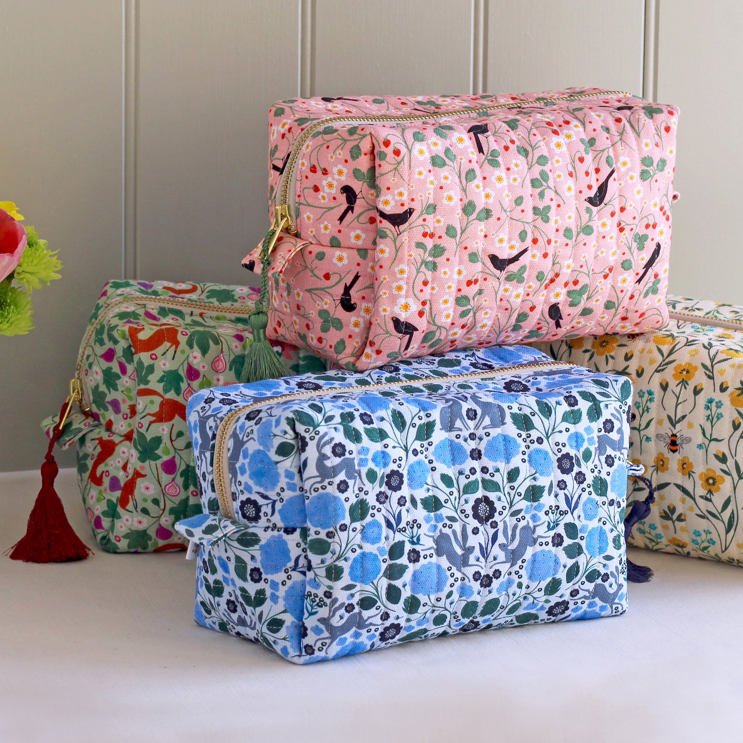 Quilted Cosmetic Bag, Hares and Hydrangeas