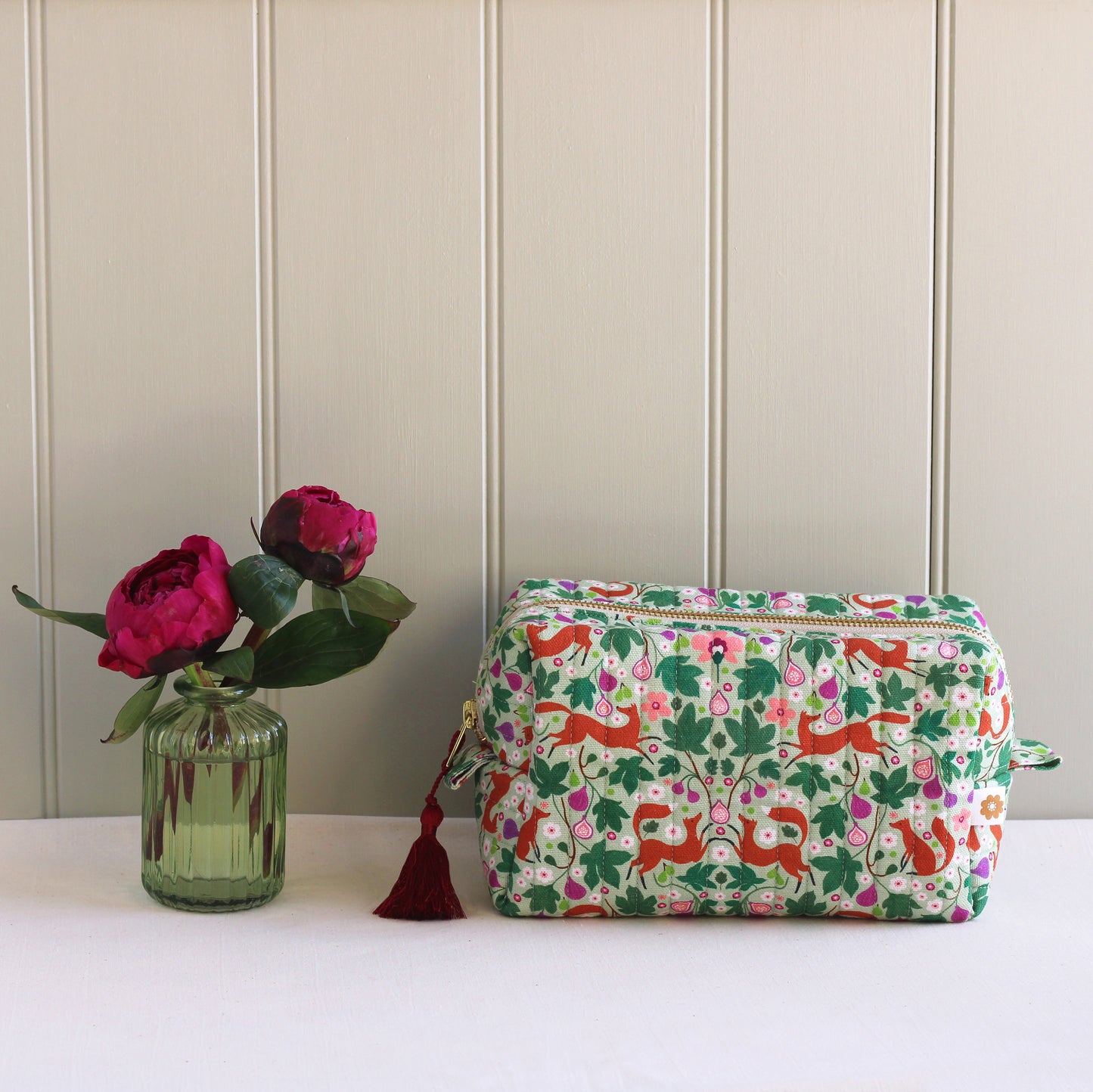 Quilted Cosmetic Bag, Foxes and Figs