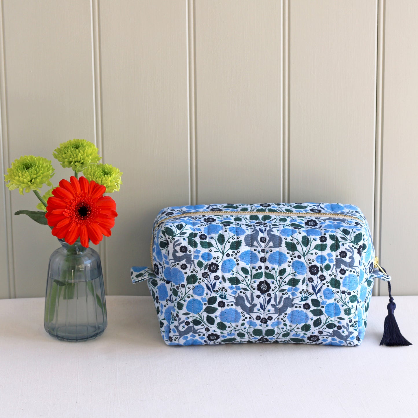 Quilted Cosmetic Bag, Hares and Hydrangeas