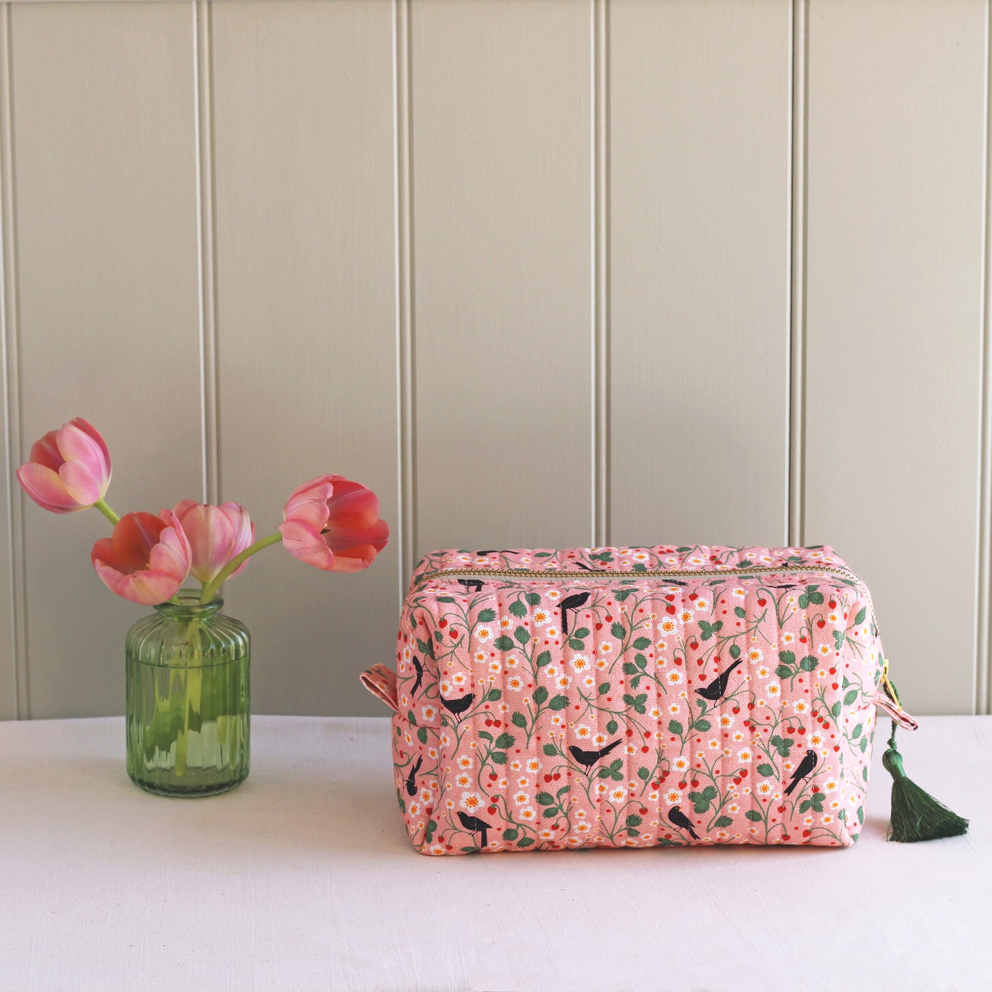 Quilted Cosmetic Bag, Wild Strawberry and Blackbirds