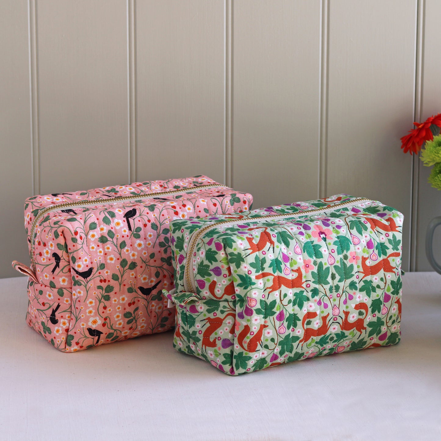 Quilted Cosmetic Bag, Foxes and Figs