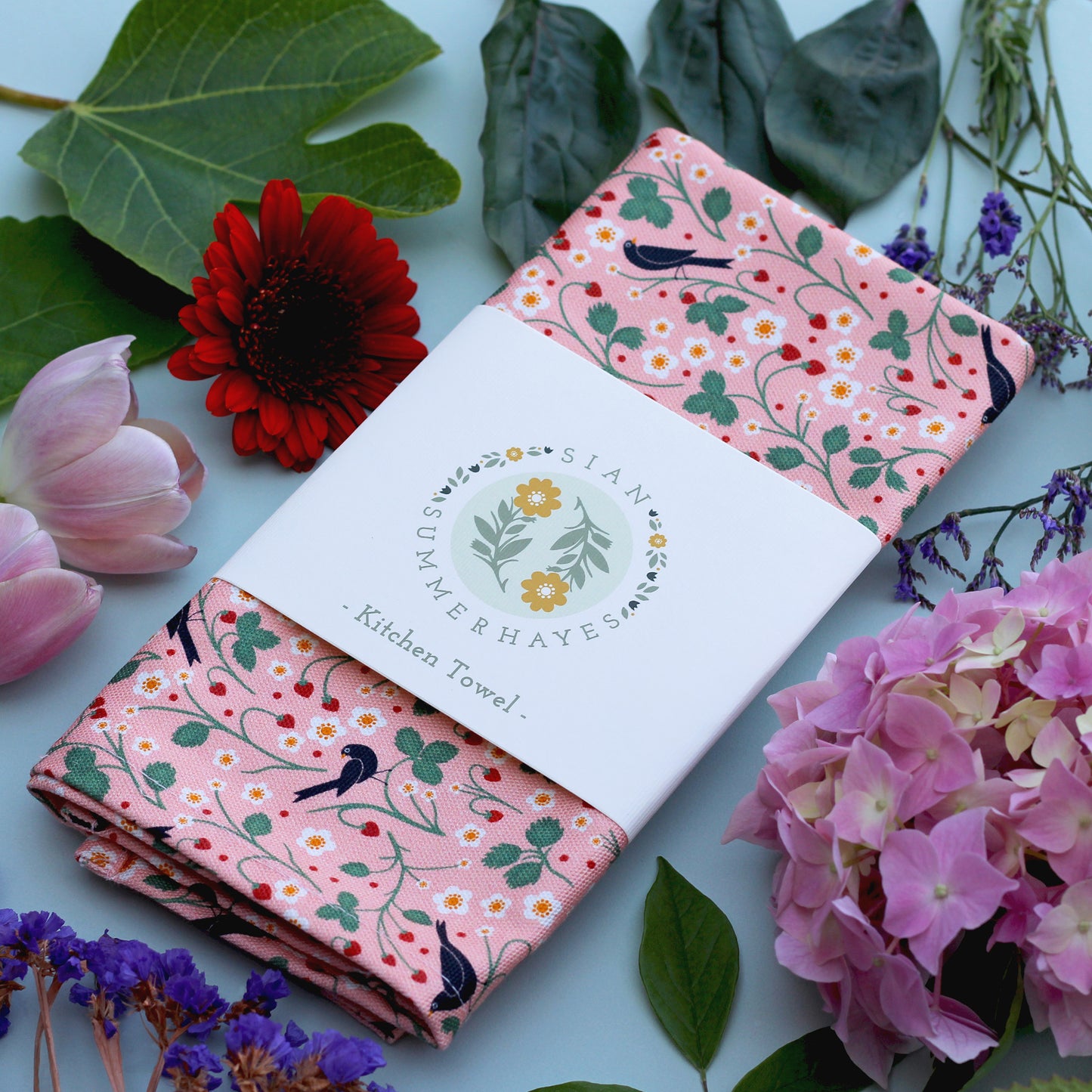 Kitchen Towel, Wild Strawberry and Blackbirds
