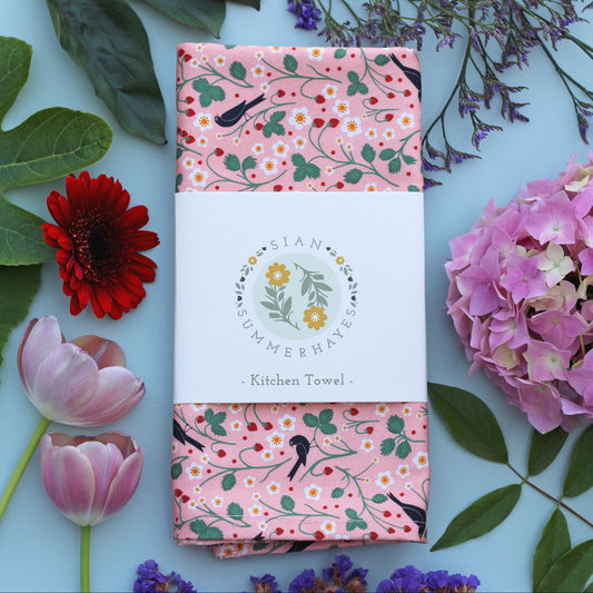 Kitchen Towel, Wild Strawberry and Blackbirds