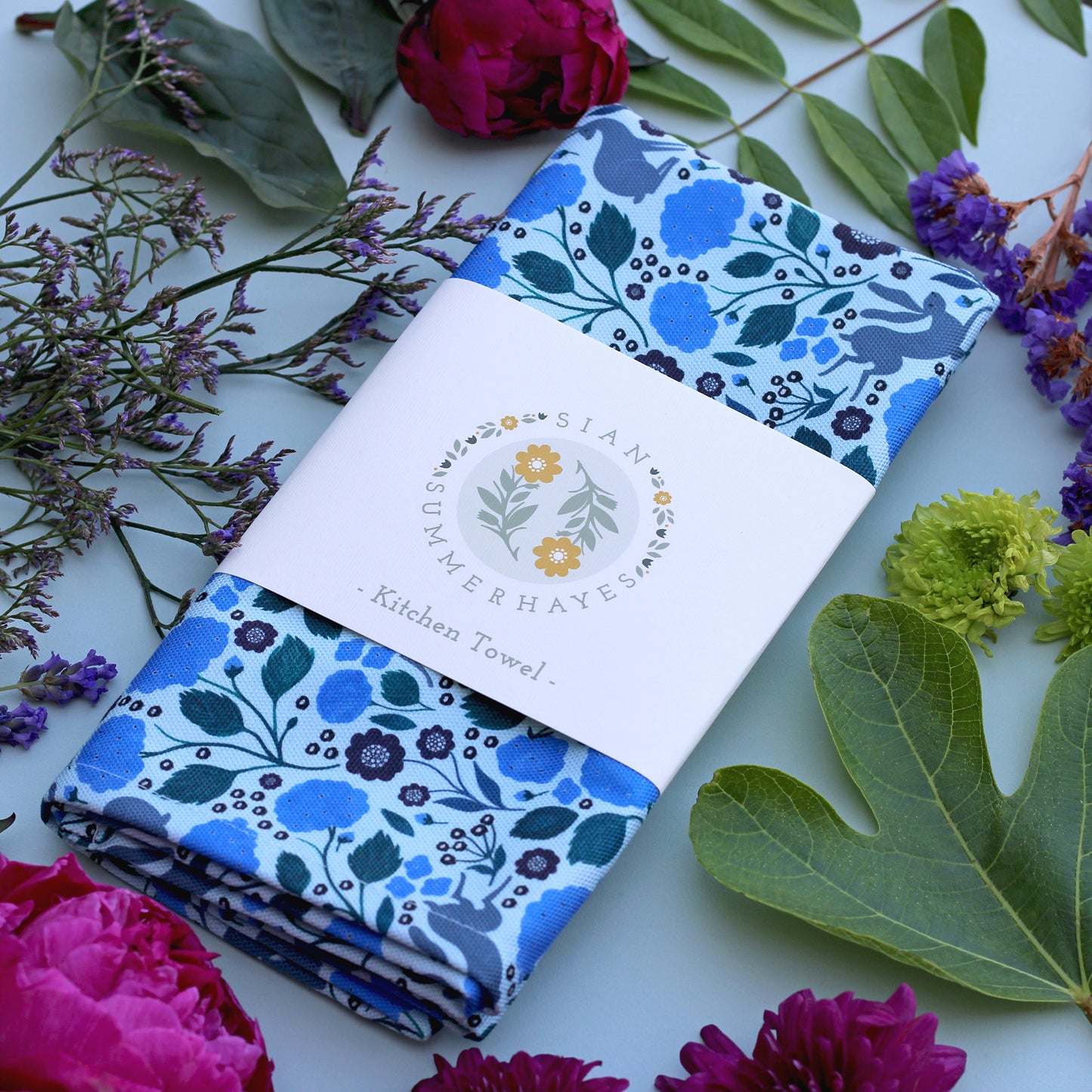 Kitchen Towel, Hares and Hydrangeas
