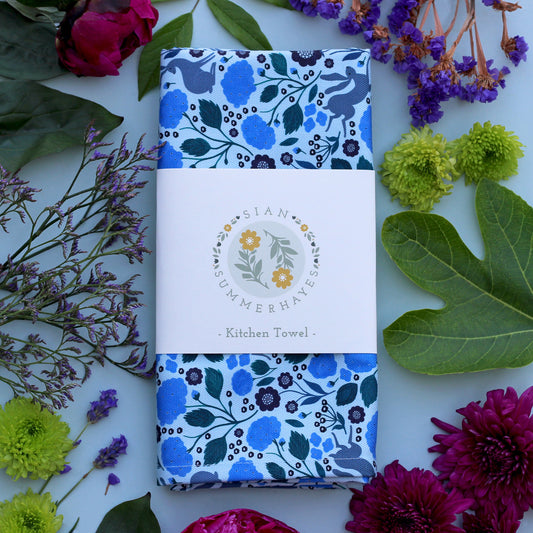 Kitchen Towel, Hares and Hydrangeas