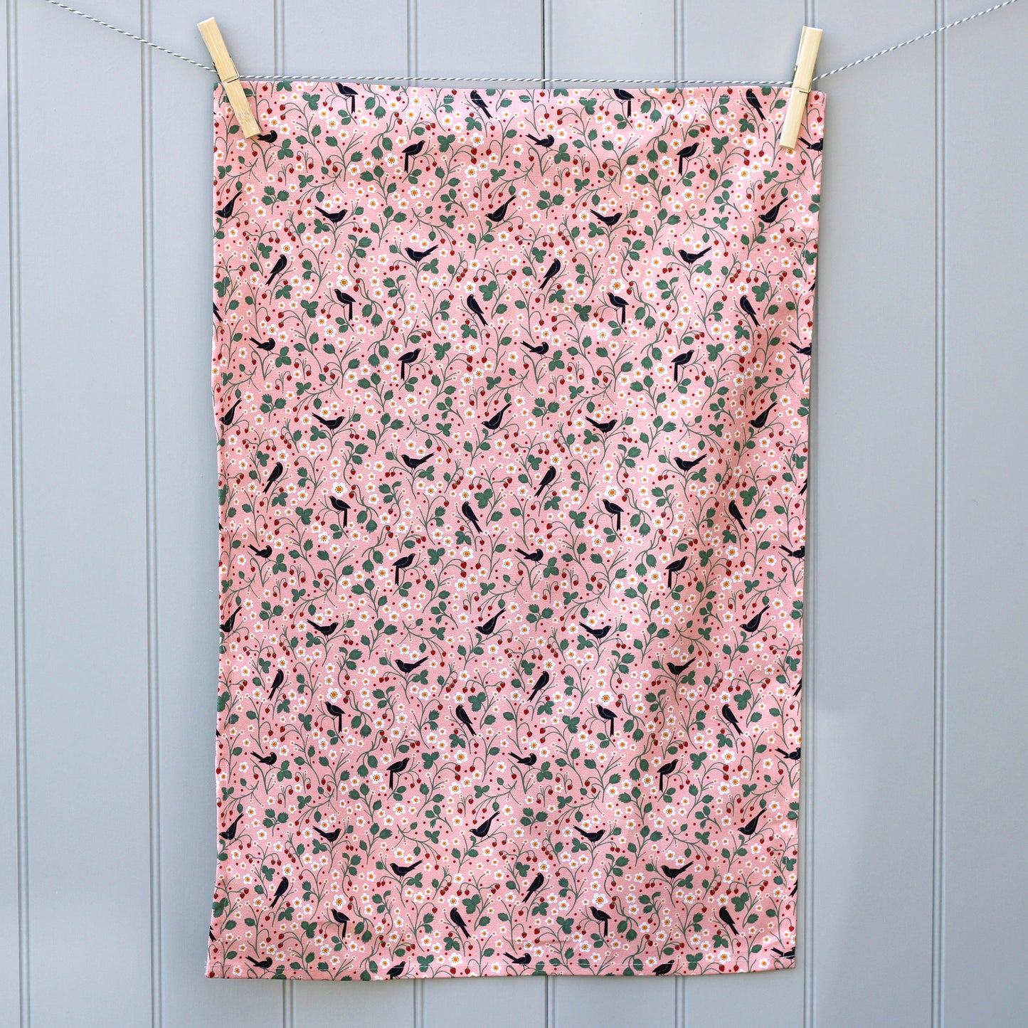 Kitchen Towel, Wild Strawberry and Blackbirds