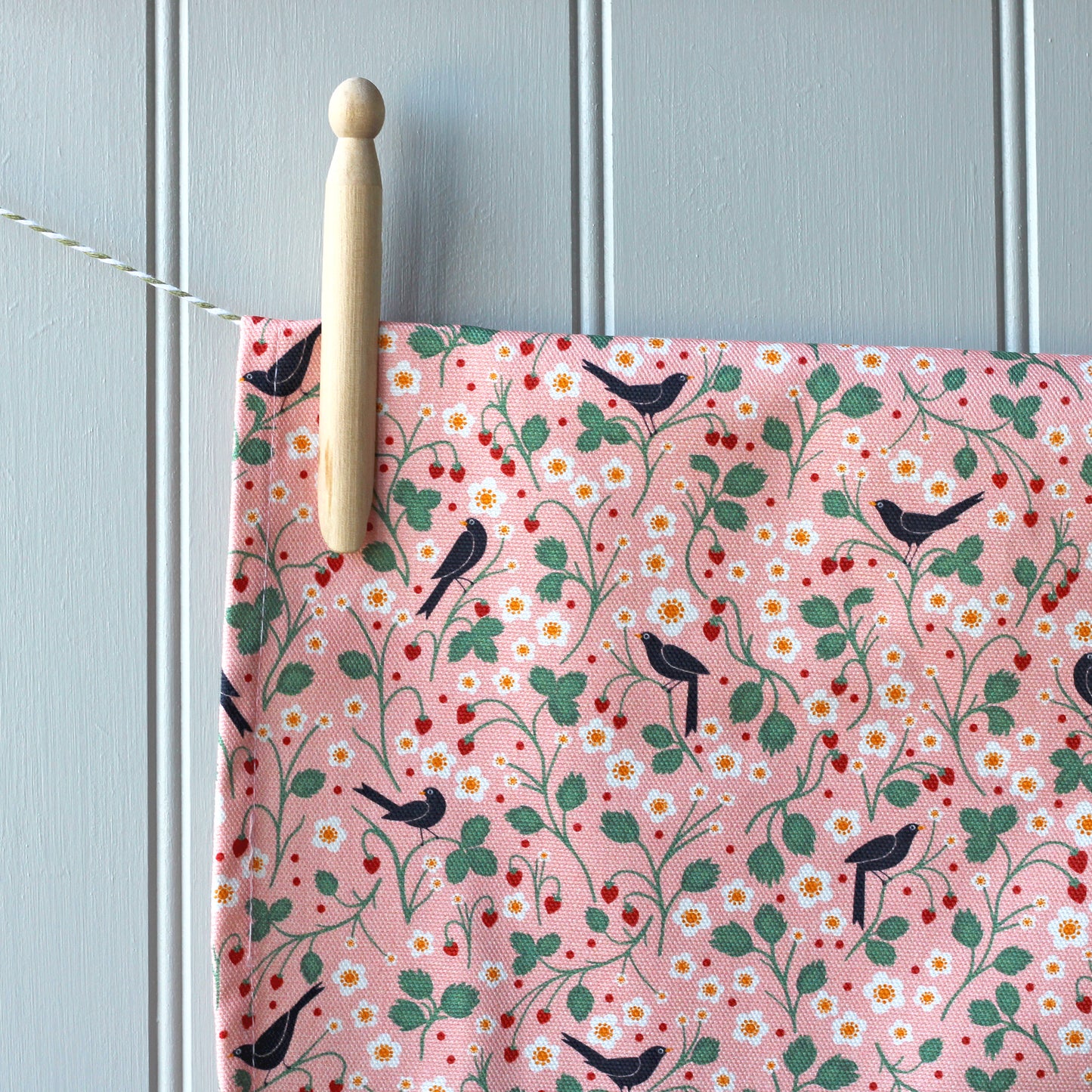 Kitchen Towel, Wild Strawberry and Blackbirds