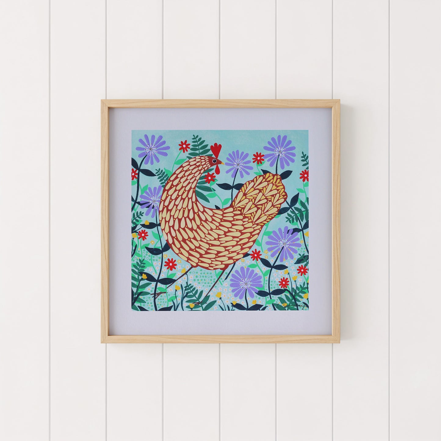 Brown Chicken Among Lilac Flowers Art Print