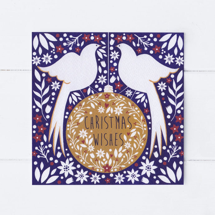 Wholesale - SS054 Doves On Bauble 150x150mm, Pack of 6 Greeting Cards