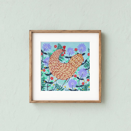 Brown Chicken Among Lilac Flowers Art Print