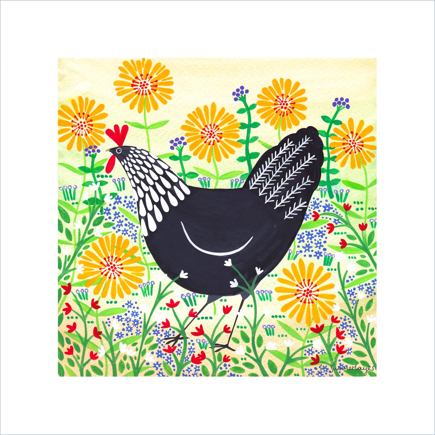 Black Hen Among Yellow Flowers Art Print