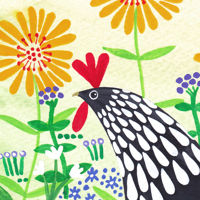 Black Hen Among Yellow Flowers Art Print