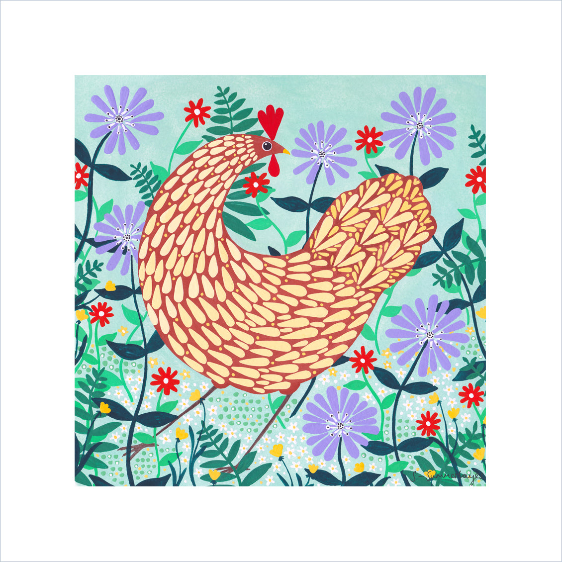 Brown Chicken Among Lilac Flowers Art Print