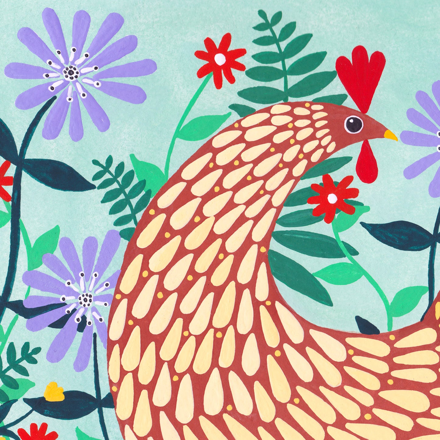 Brown Chicken Among Lilac Flowers Art Print