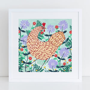 Brown Chicken Among Lilac Flowers Art Print