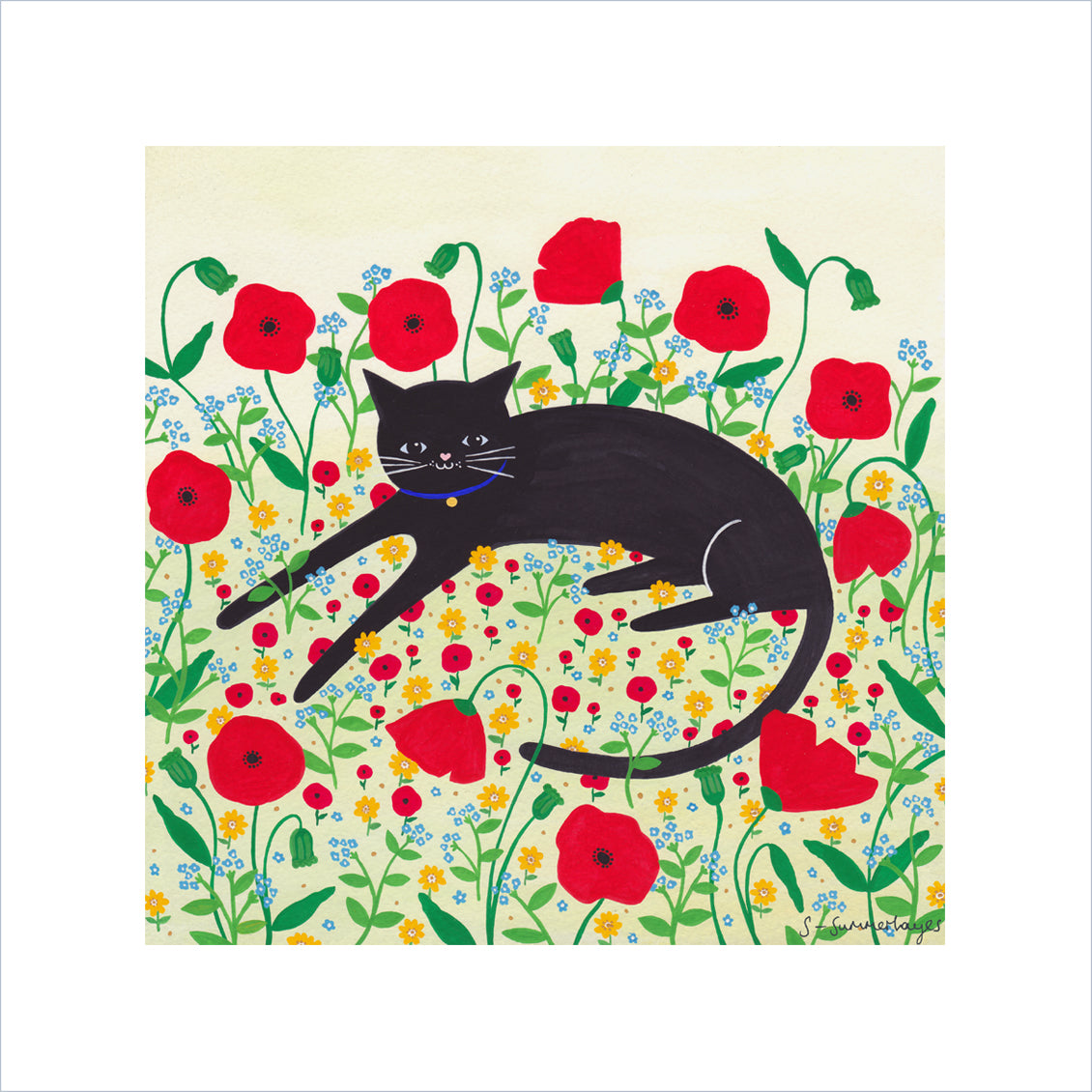 Cat With Poppies Art Print