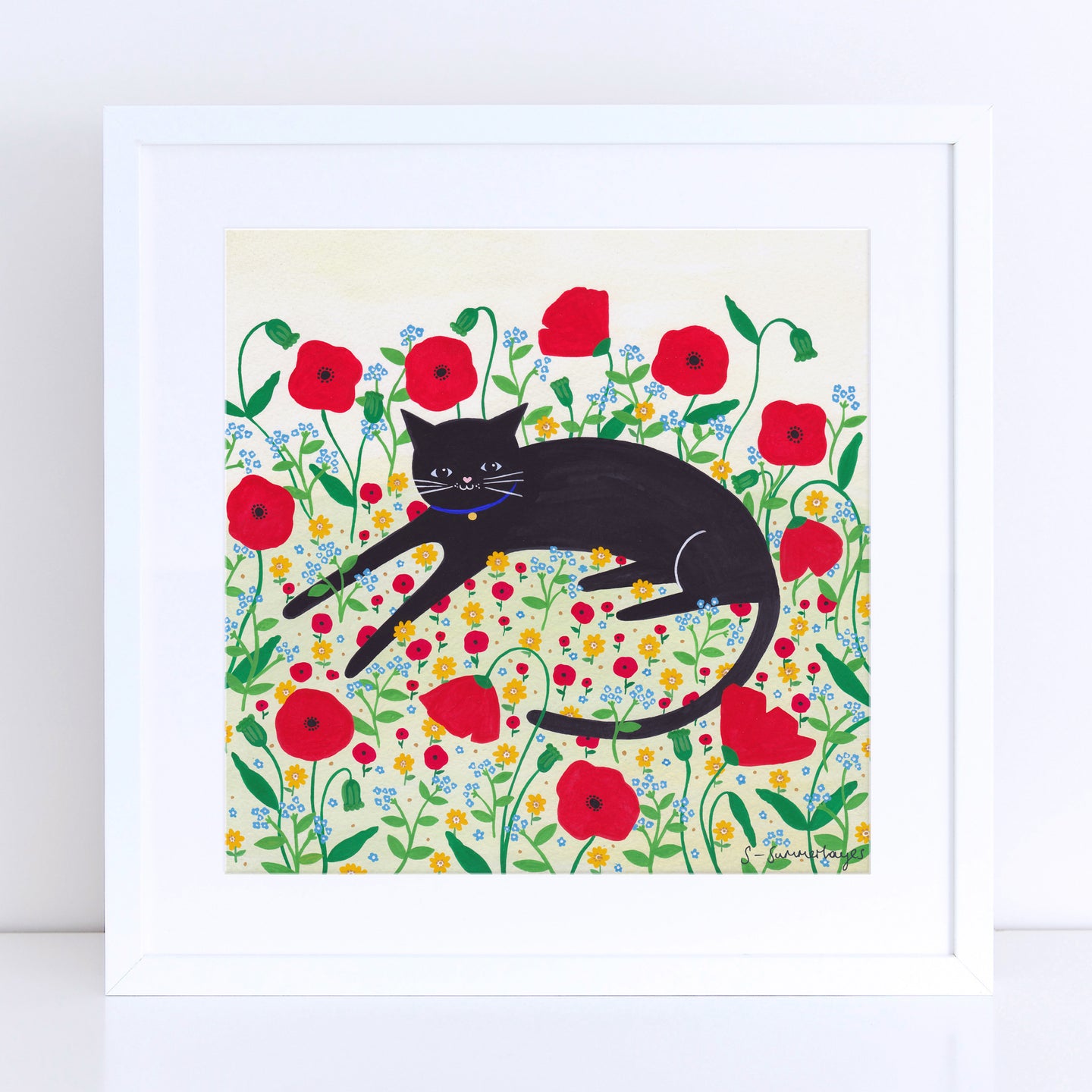 Cat With Poppies Art Print