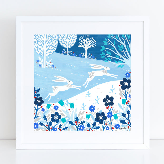 Snowy Night Hares Art Print